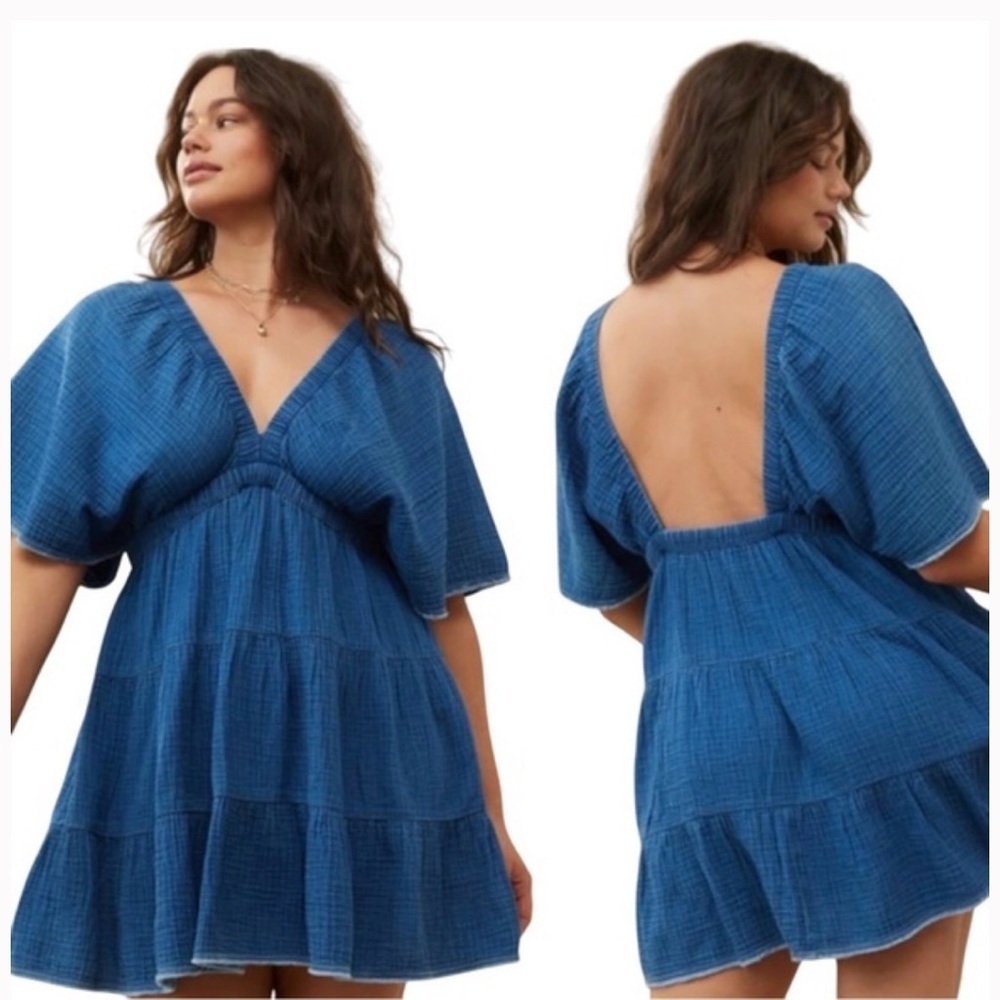 Aerie Gauzy Flutter Sleeve Dress Indigo Wash Size Large - Picture 2 of 6